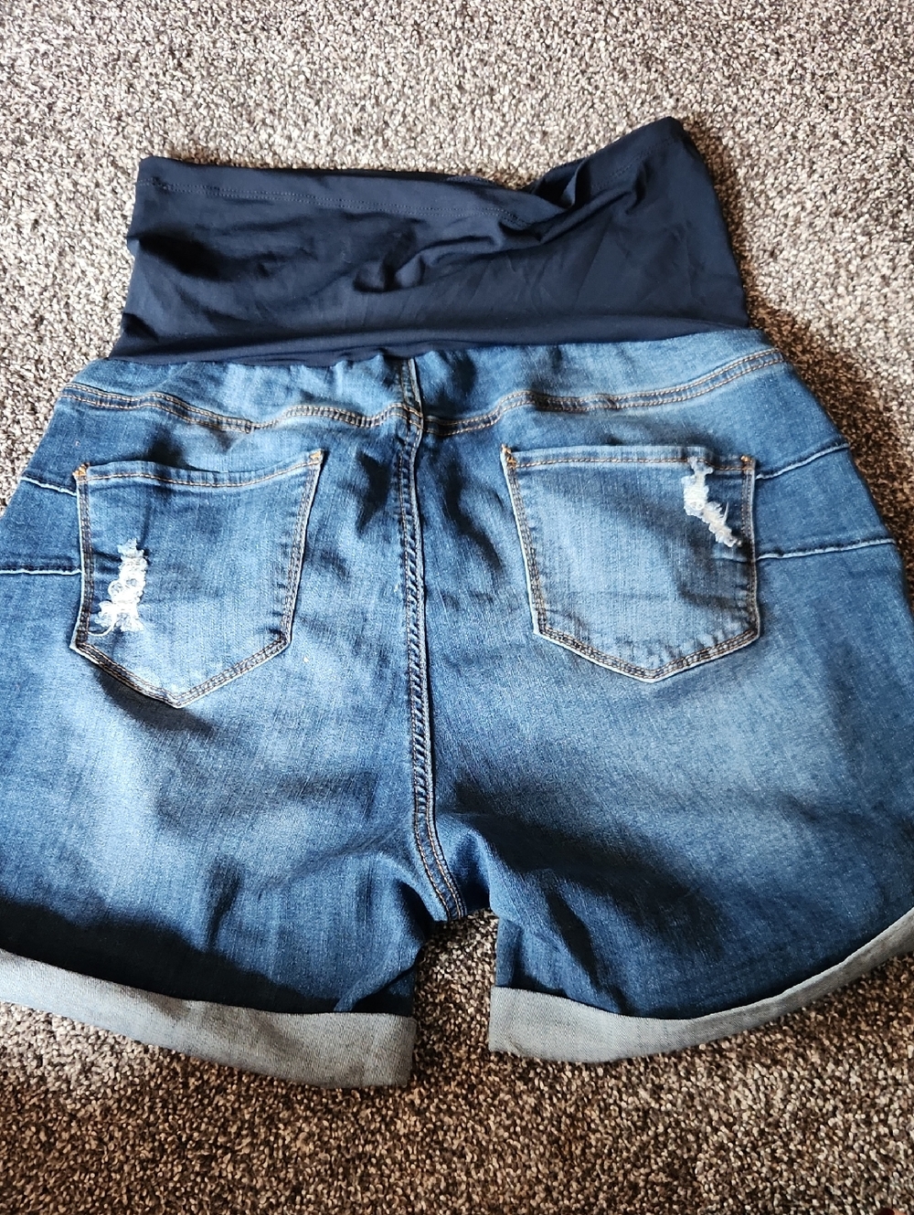 S.O.N.G Maternity Distressed Denim Shorts with Blue Belly Panel - Picture 3 of 3